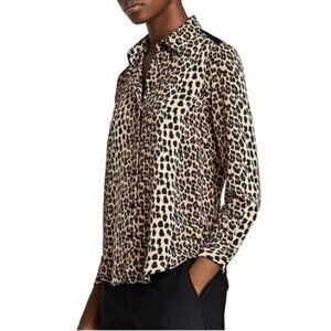 Zara S Leopard Button Down Shirt With Lace Shoulders
